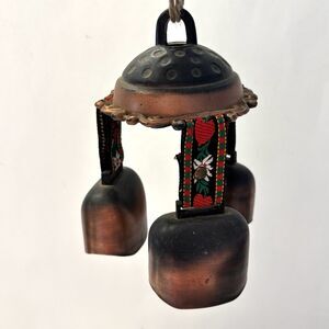 VTG German Swiss Windchime Sheep Cow Bell Red Heart Embroidered Loops